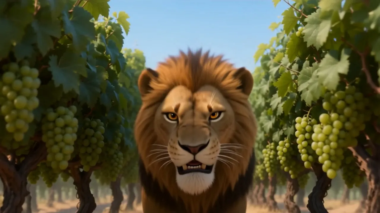A lion stands in the vines, staring straight at him