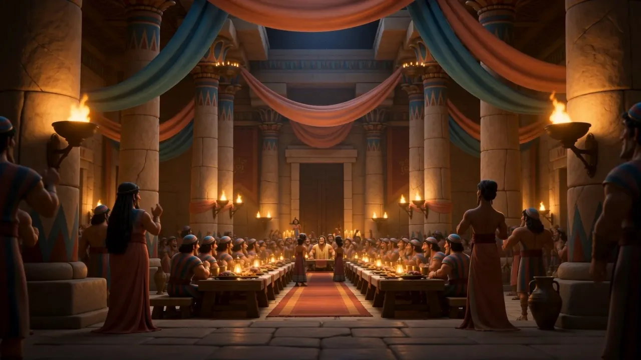 The wedding hall at Timnah, torchlit and full