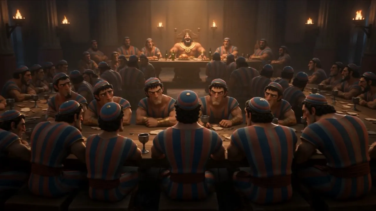 Torchlight and hard faces around the table