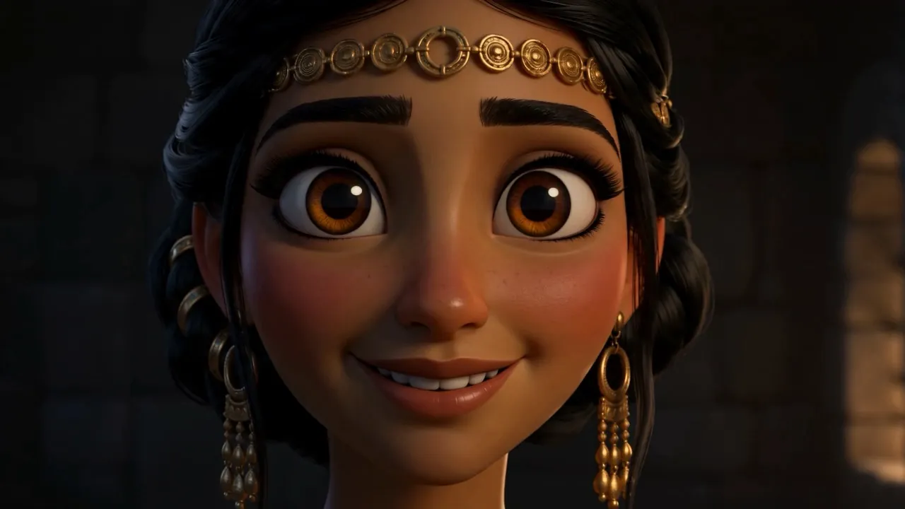 The bride, alone in a stone passage, smiling at first