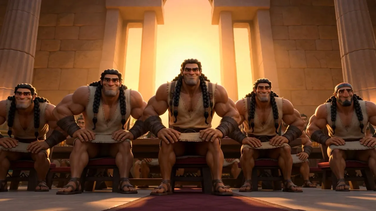 The companions stand up together, triumphant
