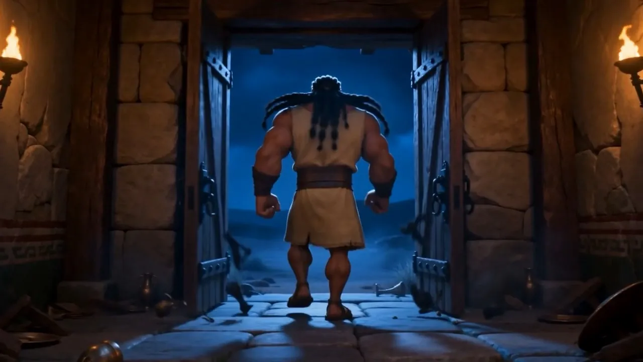 He walks out of the lit doorway into the dark