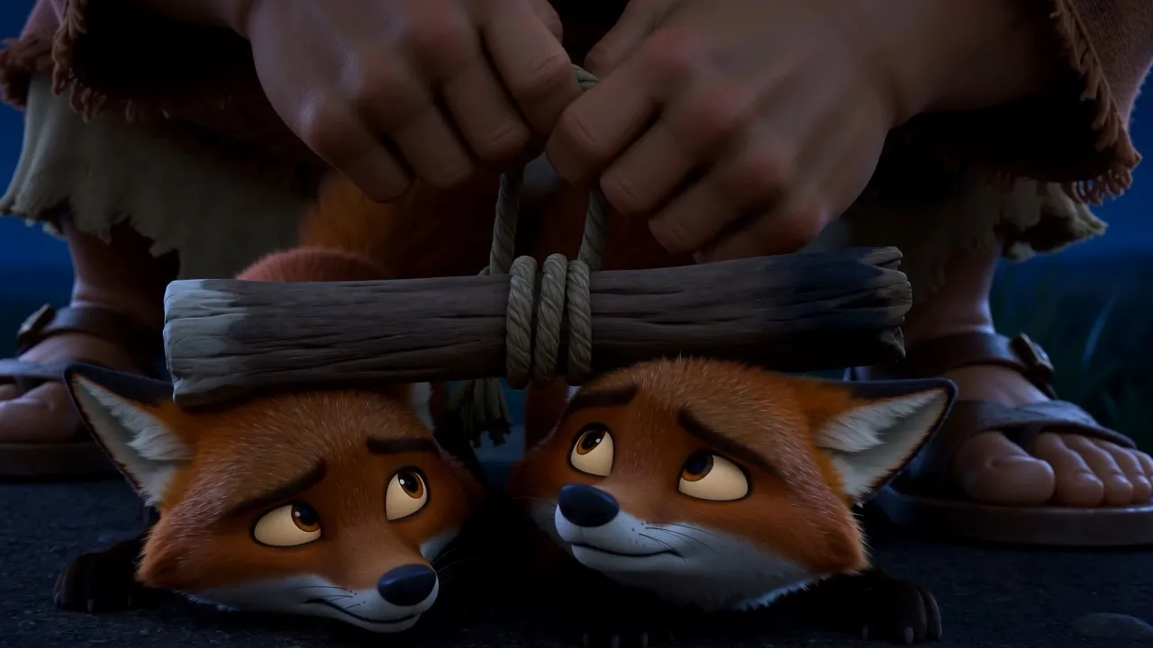 He ties two tails together with a torch between them