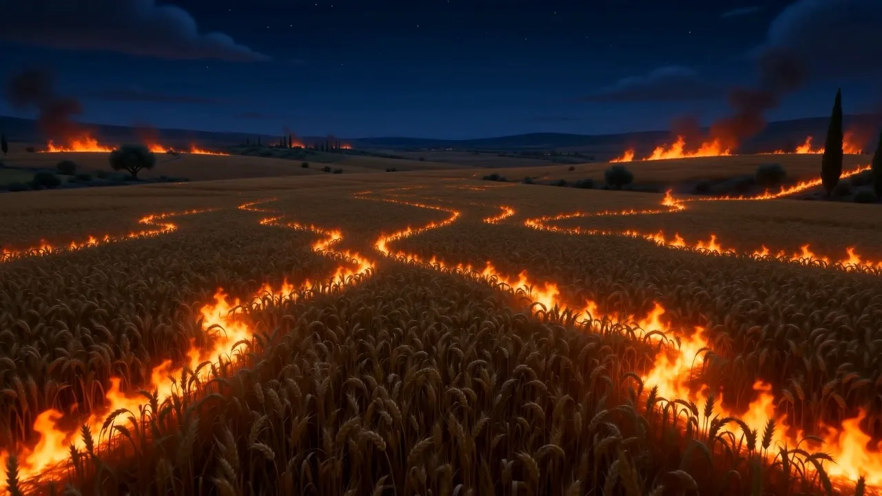 Lines of fire race through standing grain