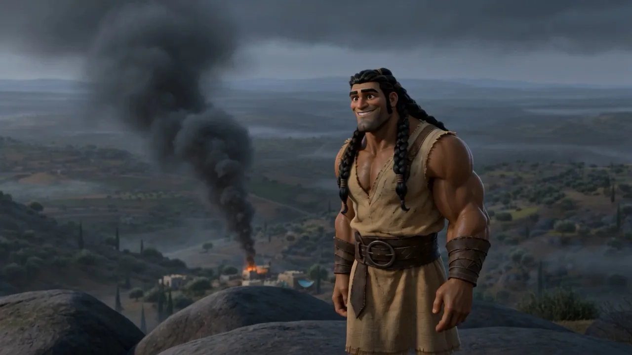 From a rock above, Samson sees the smoke going up