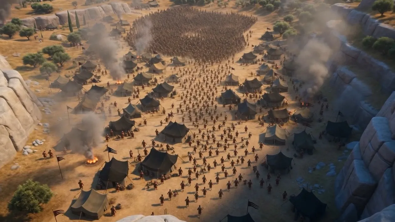 Far below, an army camps across the whole valley