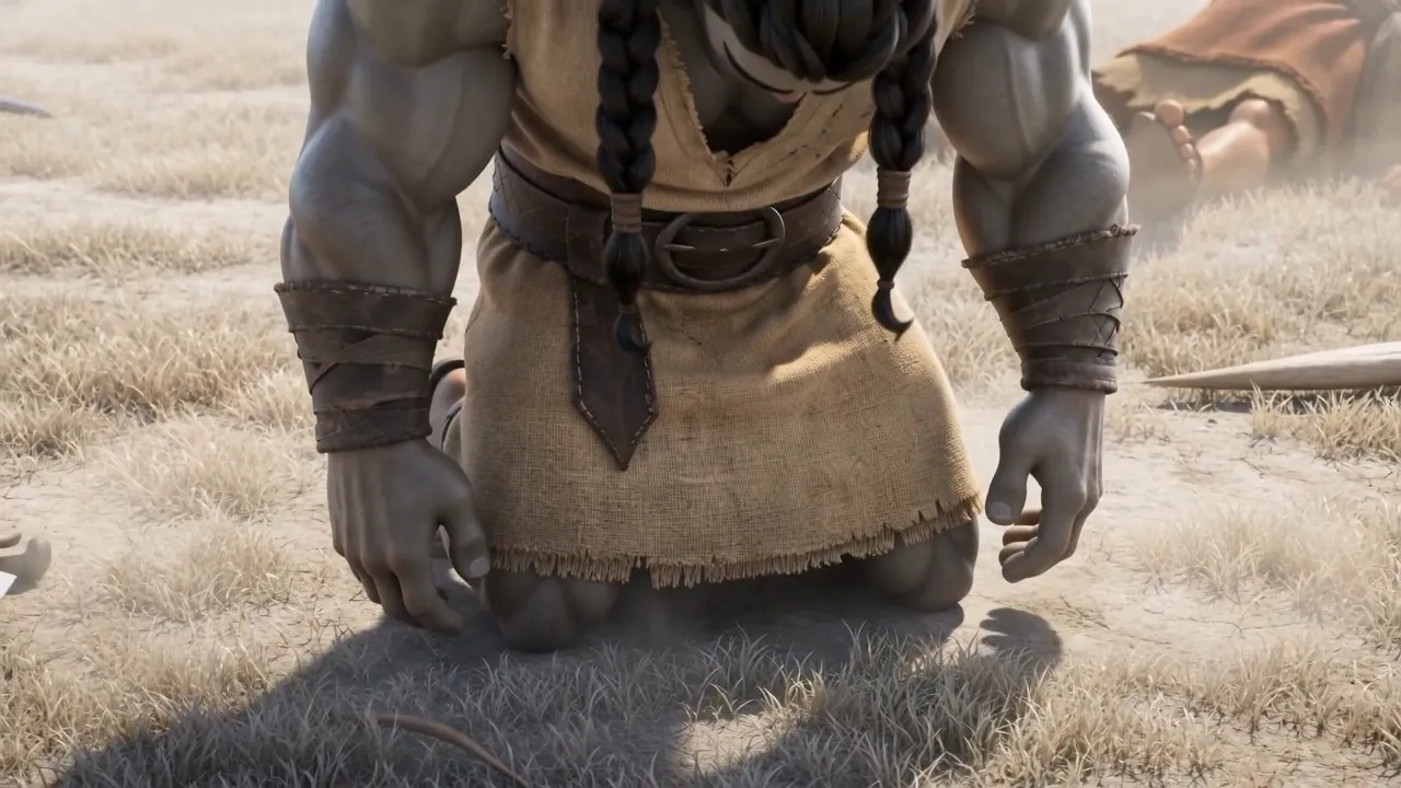 On all fours in the dust, suddenly just a man