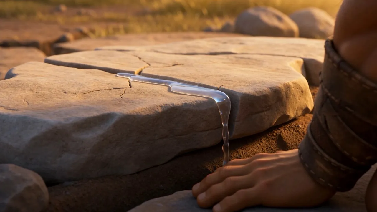 Water runs out of the split stone