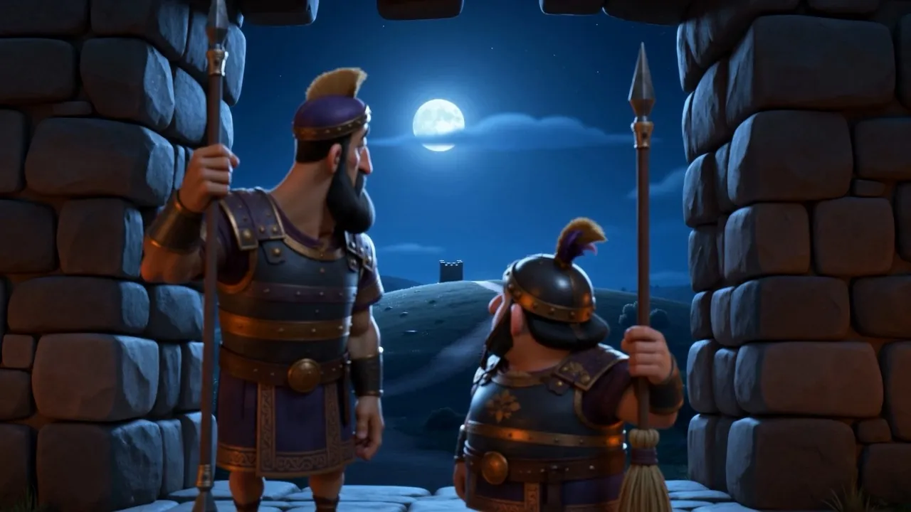 Two guards stare at an empty gateway, entirely out of ideas
