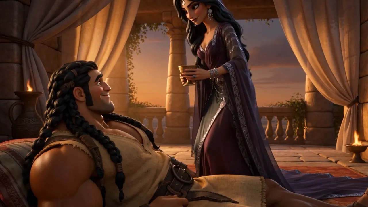 She crosses the terrace to him with the cup