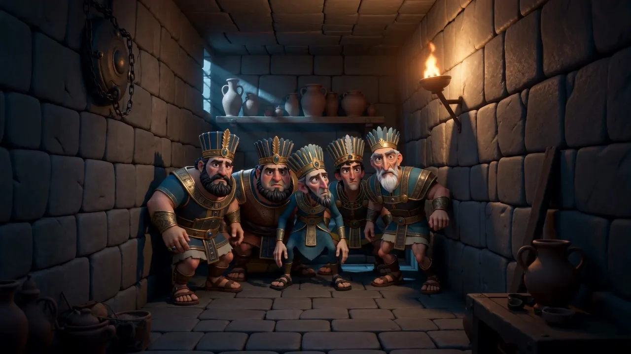 Five crowned lords wait in a low stone room