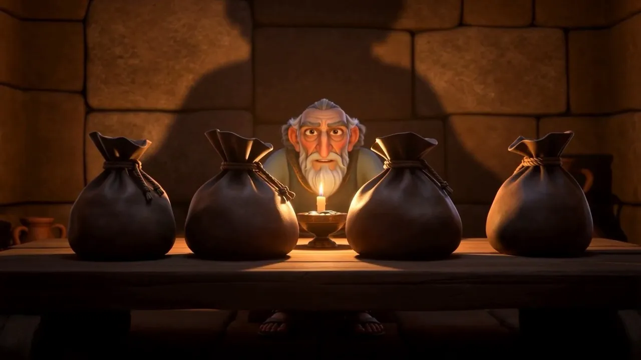 Heavy bags of silver set out on a table by candlelight