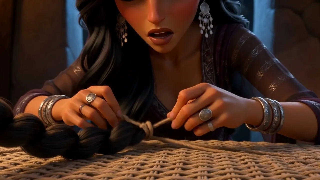 Her hands weave his seven braids into the web