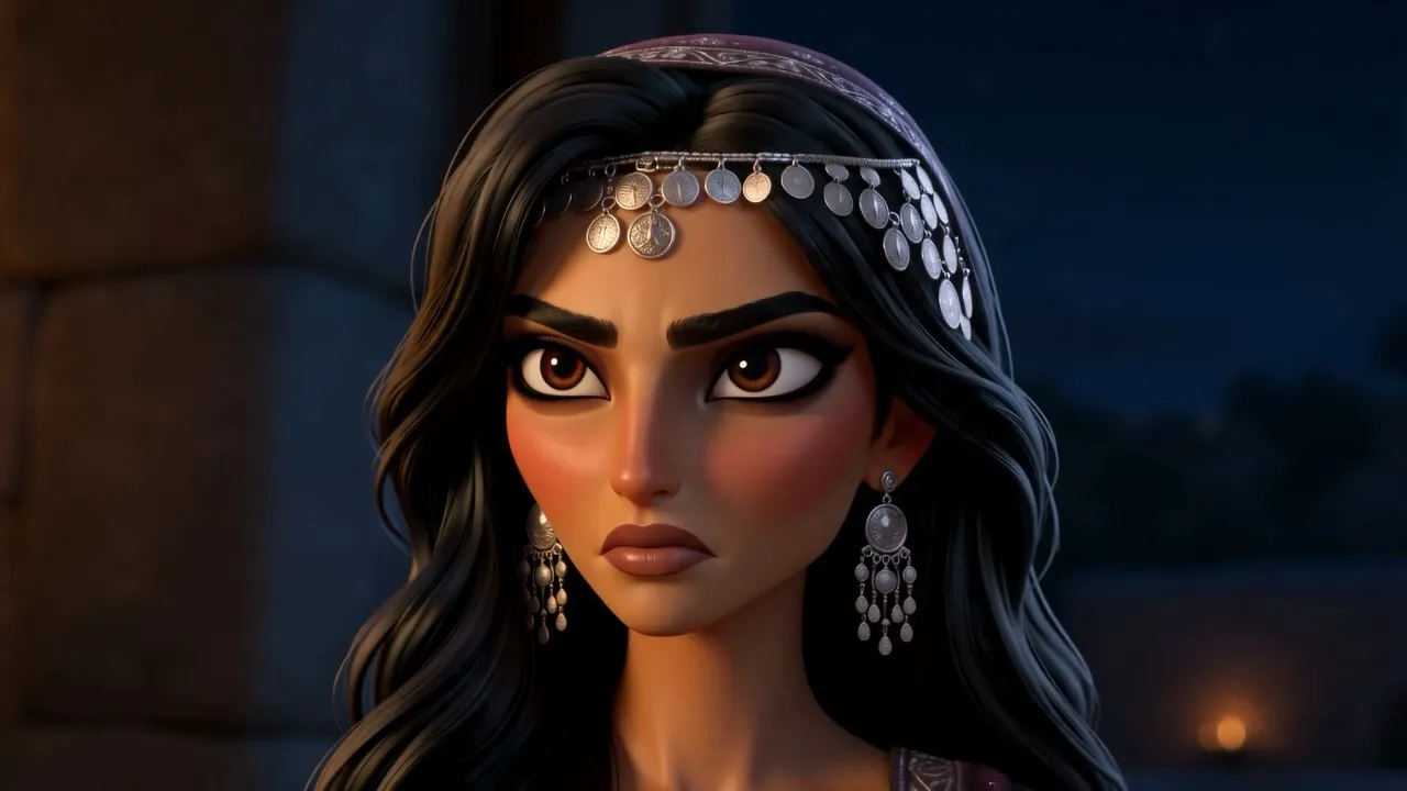 Delilah's face — she is no longer smiling at all