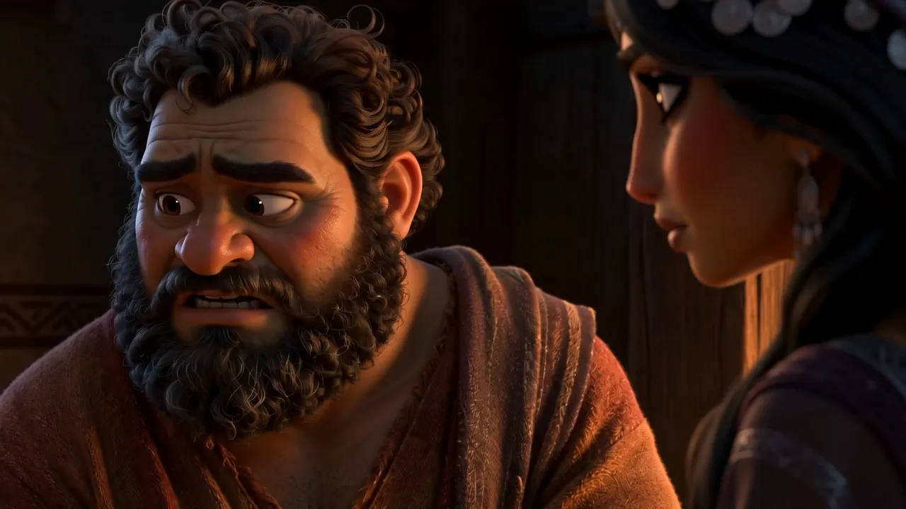 A servant at the fire watches them, saying nothing
