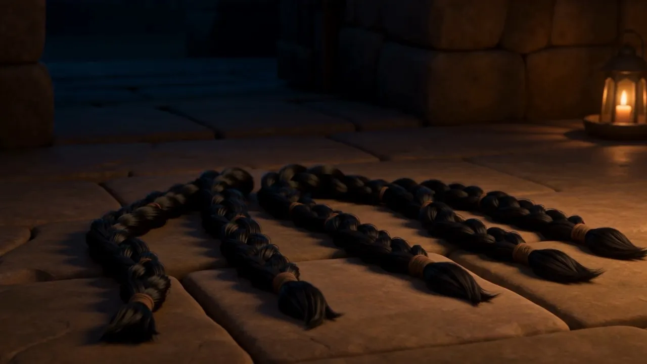 Seven braids laid out in a row on the stone floor