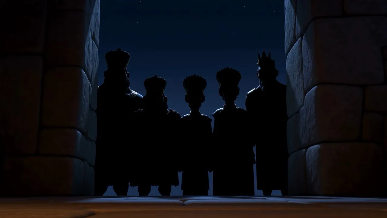 Silhouettes of armed men fill the doorway