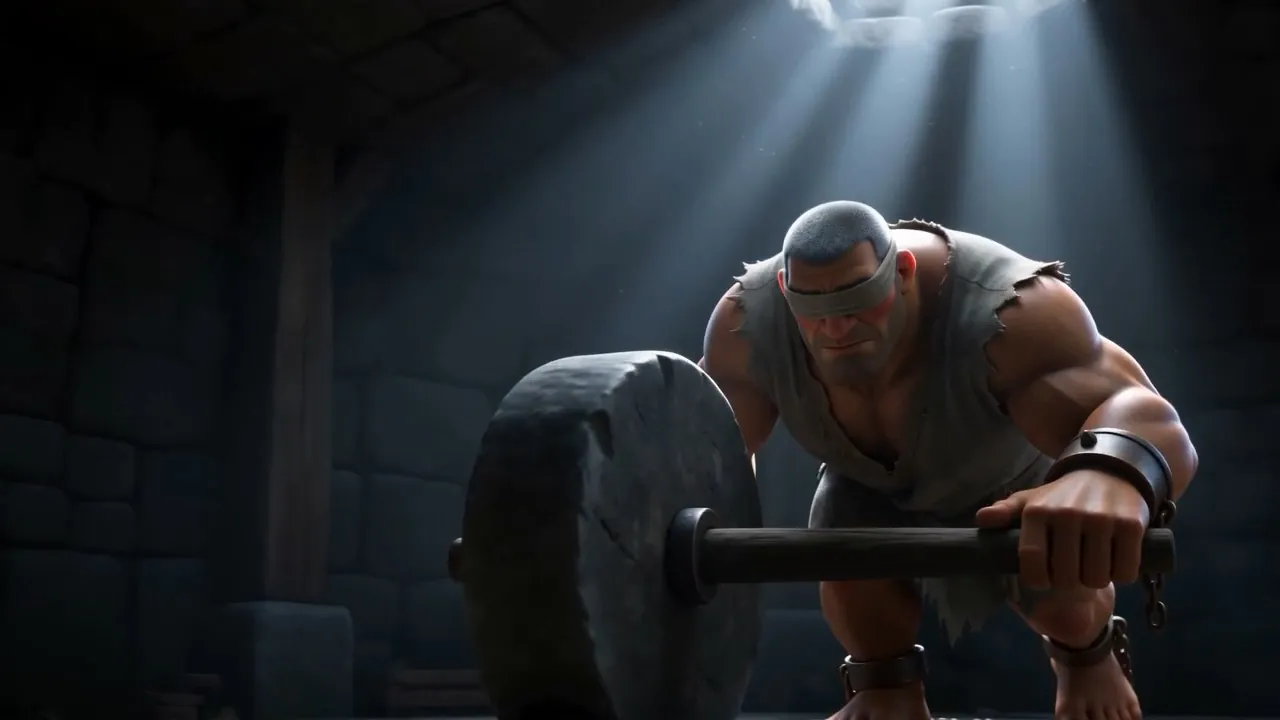 He leans into the grinding beam for the first time