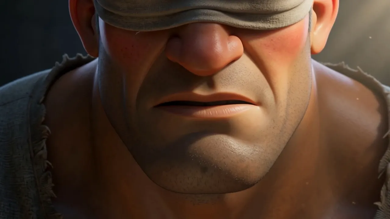 The bandage across his eyes, his jaw set