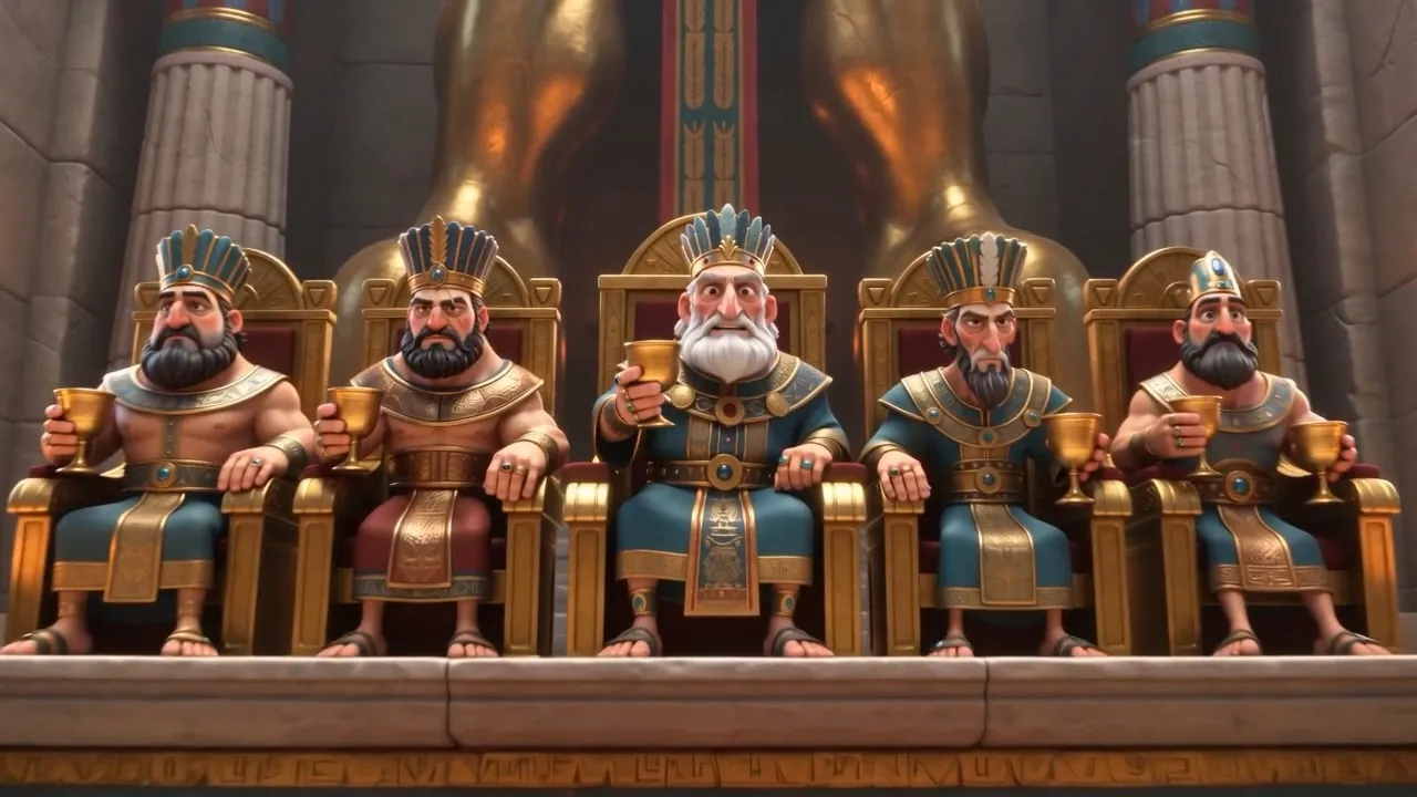 The five lords on their thrones above the crowd