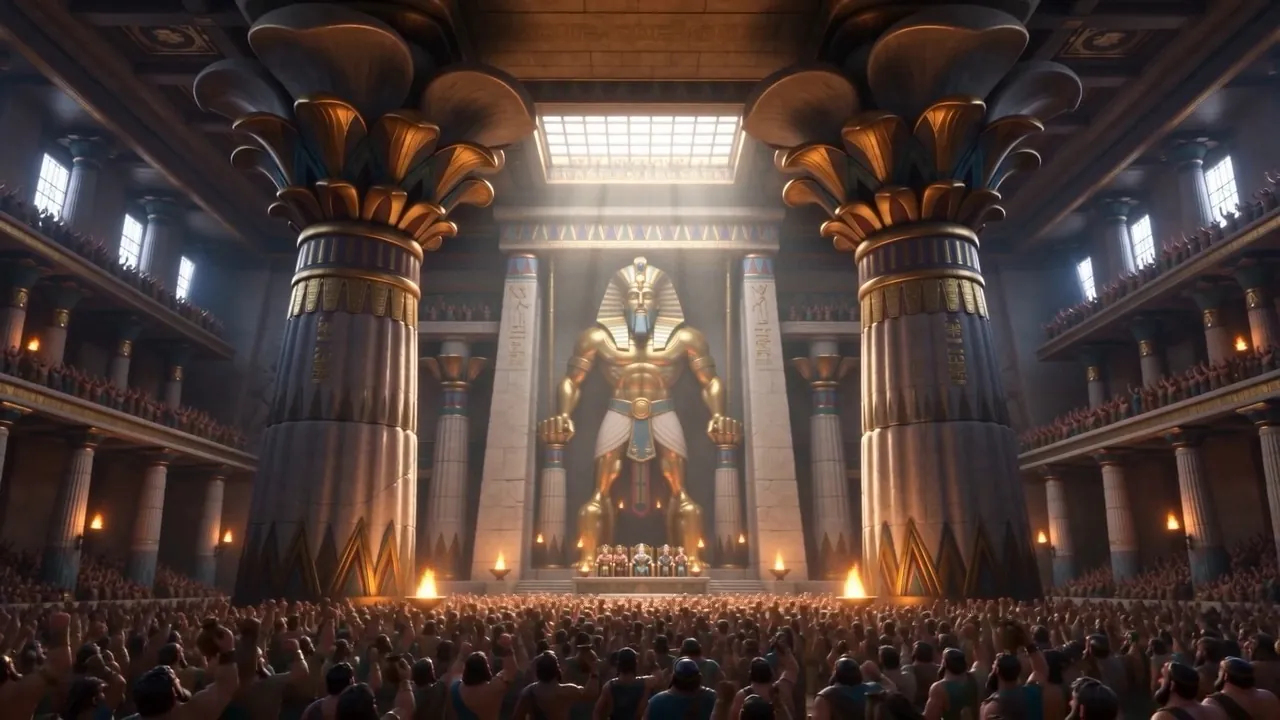 The statue of Dagon towers over the celebration
