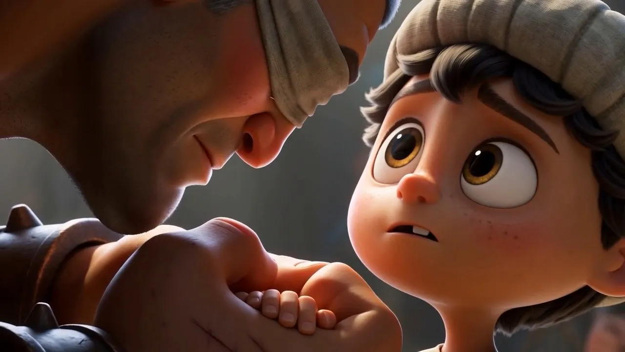 The boy looks up at him; the crowd is still laughing