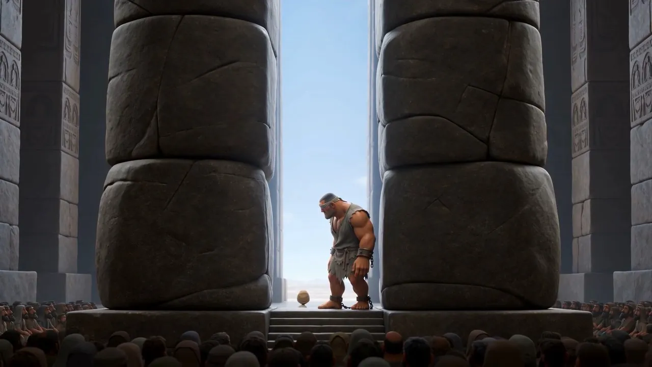 From the far end: one small figure between two vast pillars