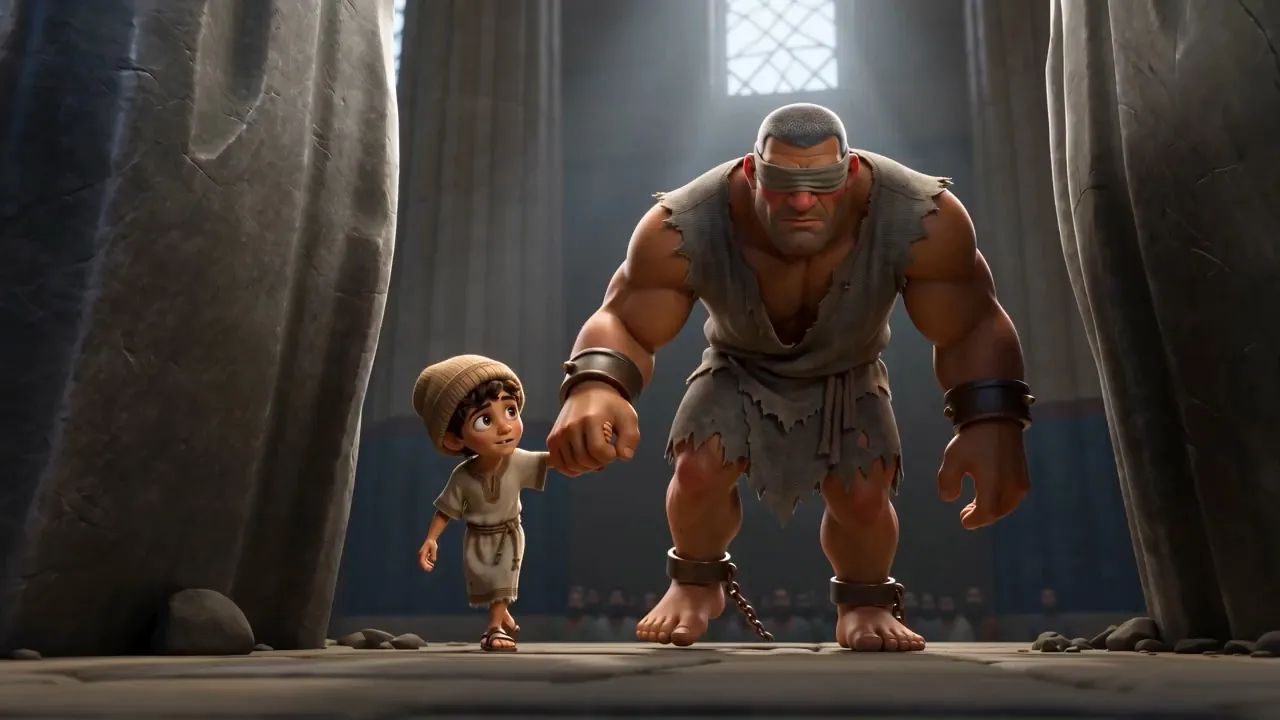The boy leads him forward by one finger