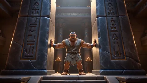 Samson braced between the two pillars of the temple