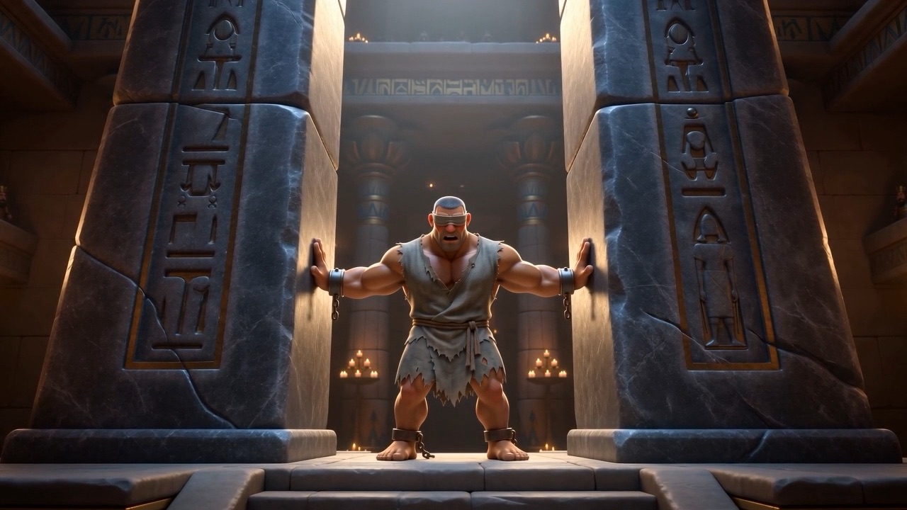 Samson braced between the two pillars of the temple