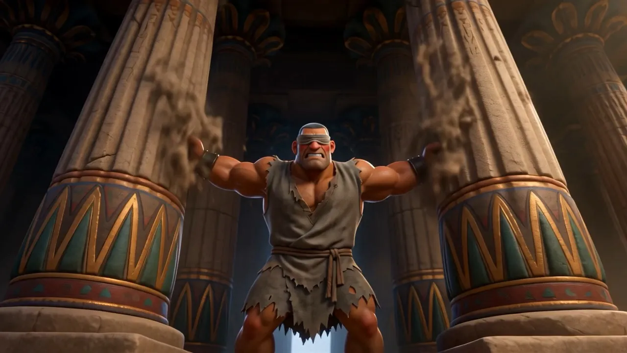 He pushes — and the pillars begin to move