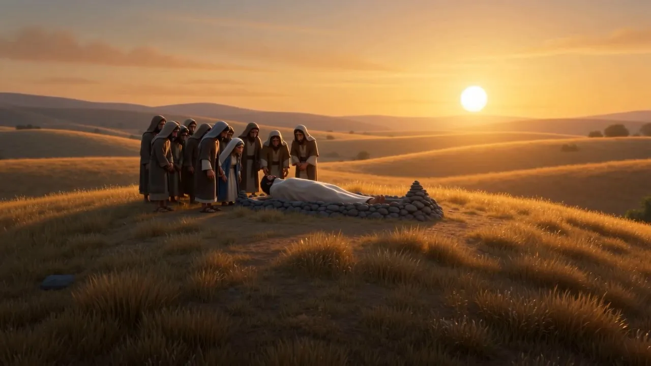 At sunset, a small group stands on a hillside