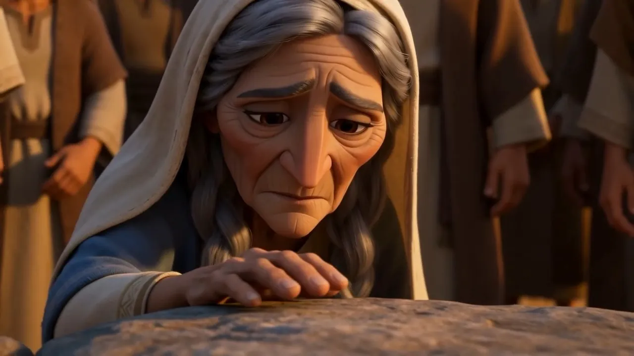 An old woman rests her hand on the stone