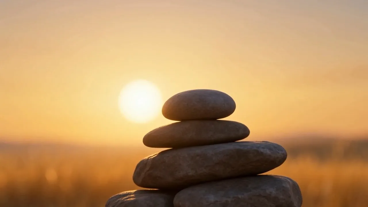 A stack of stones against the setting sun
