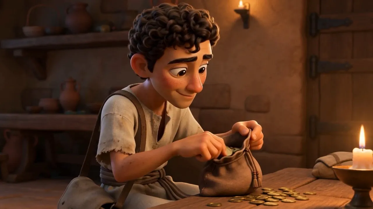 A young man counting silver out of a bag by candlelight