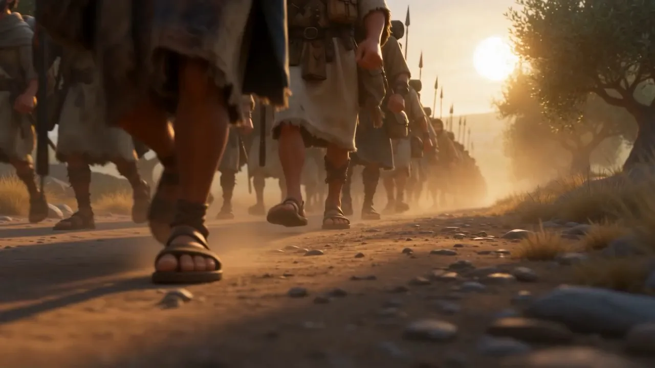 Feet and spear-butts on a dusty road at sunrise