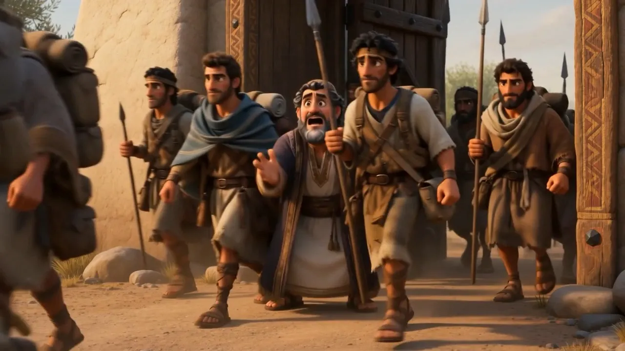 Men come out of a gateway carrying things