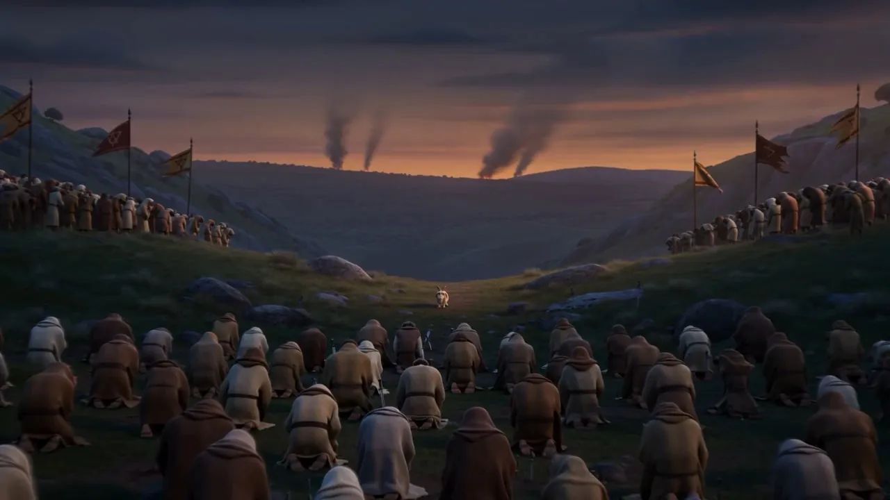 An enormous crowd kneeling on a hillside at dusk