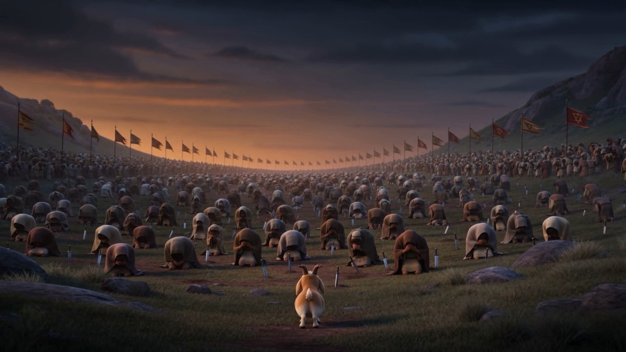 A whole nation kneeling on a hillside with swords planted point-down in the grass