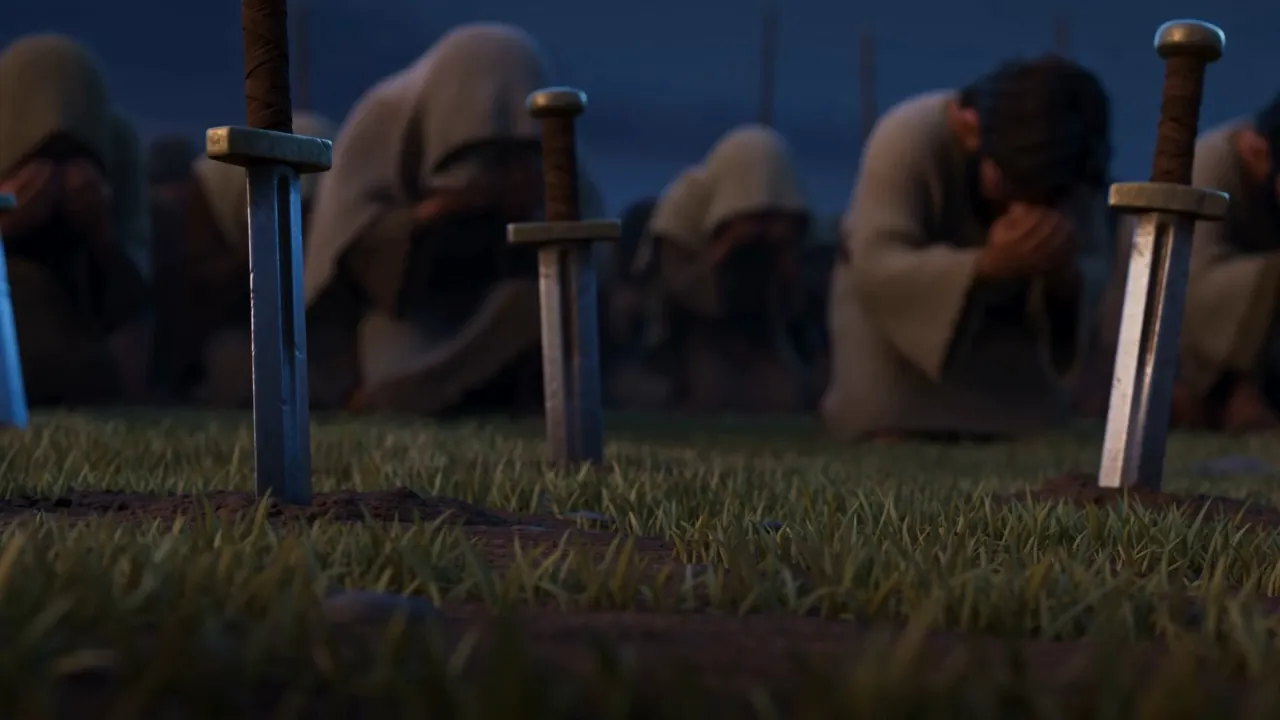 Swords driven point-down into the grass, rank on rank