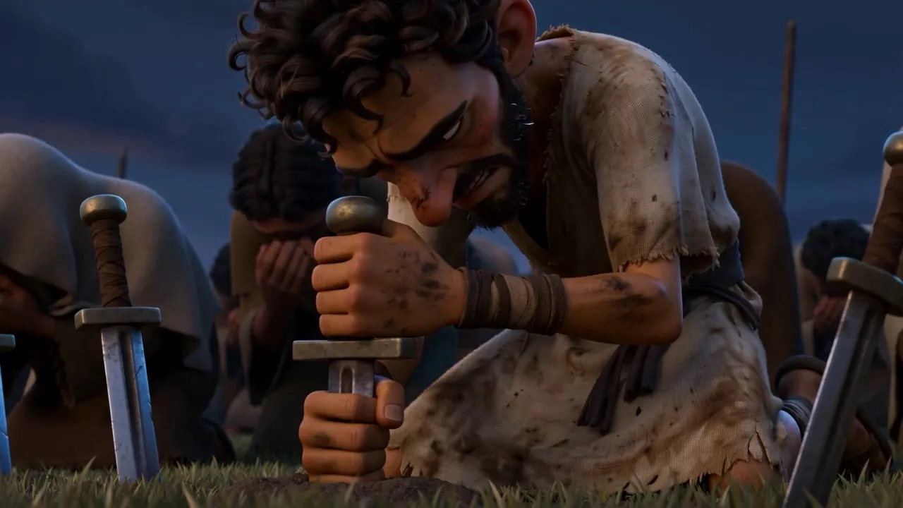A man on his knees with his forehead on a hilt