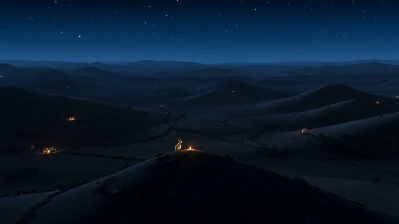 Dark blue hills with a few small lights in the folds