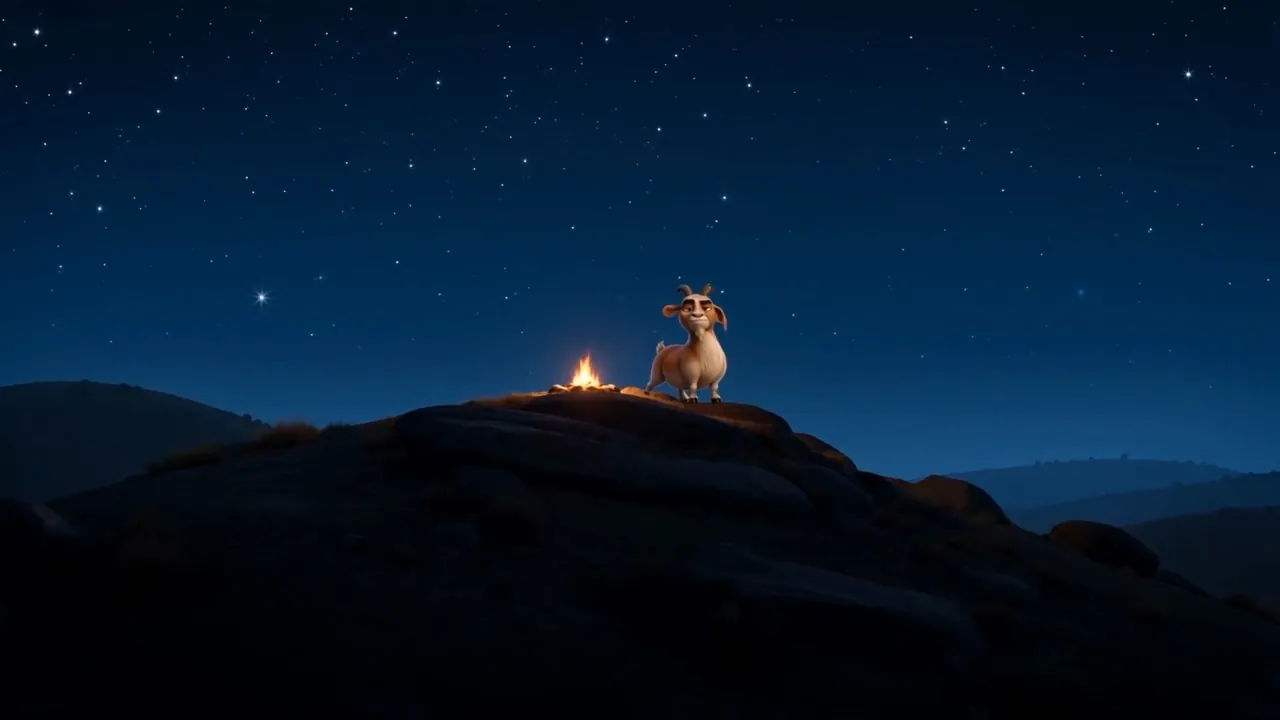 A goat on a hilltop beside a small fire