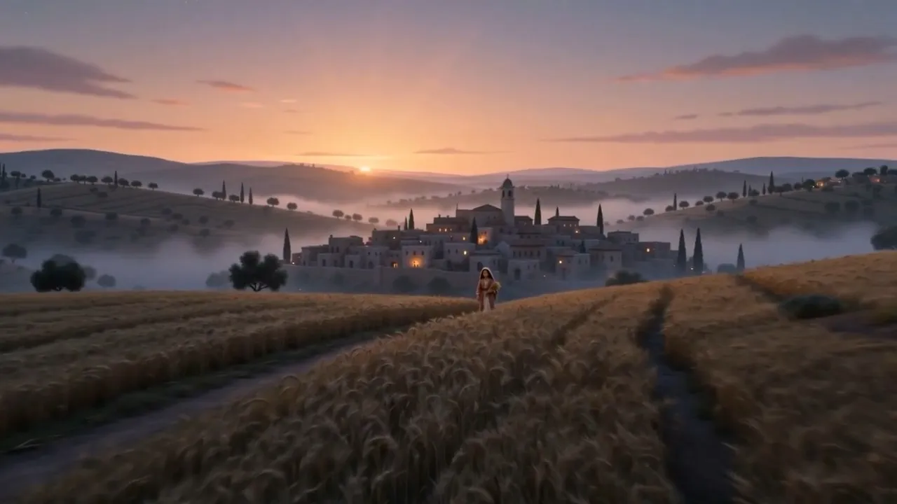 A town on a hill catching the sun, one figure on the path