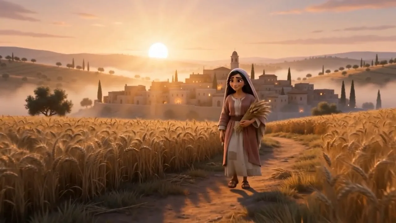 She walks up the track toward the town