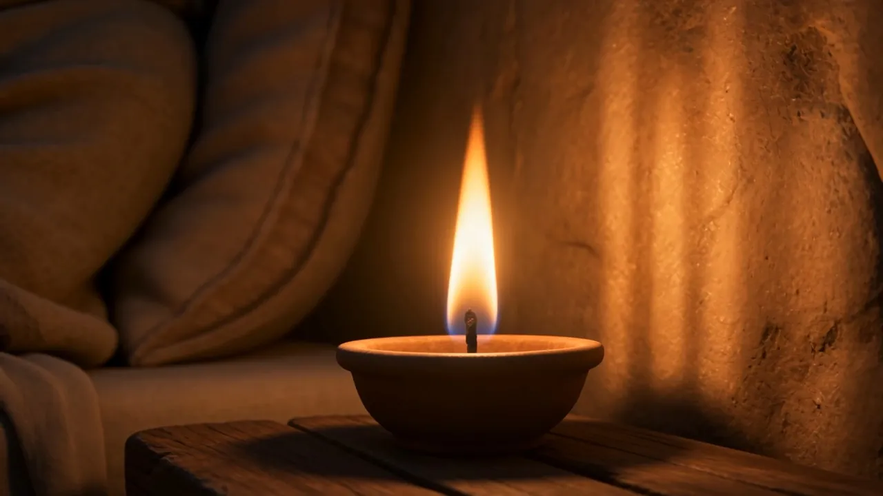 A single oil lamp burns low against a stone wall