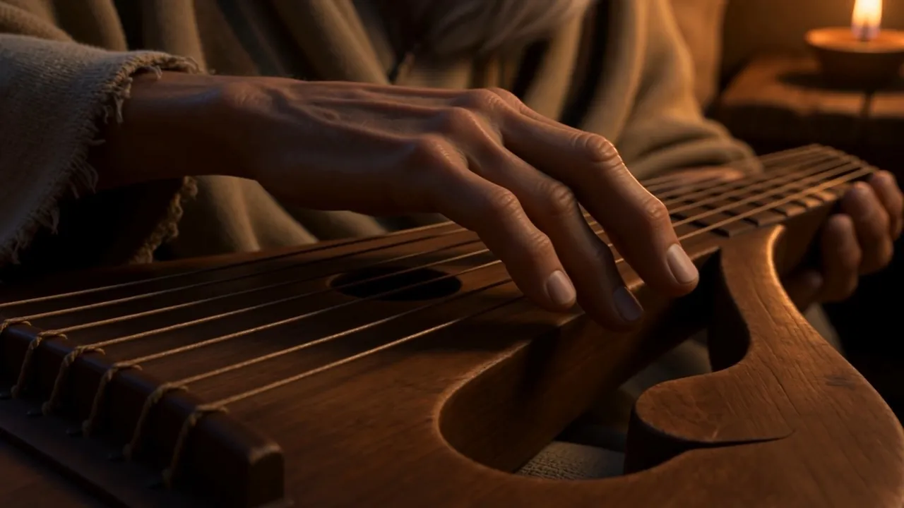 Aged fingers find the strings of the harp