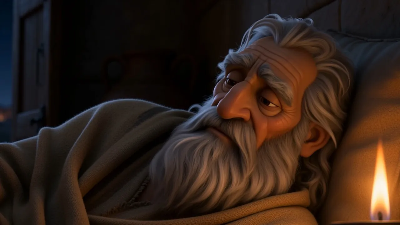 David's face, tired and gentle, in the lamplight