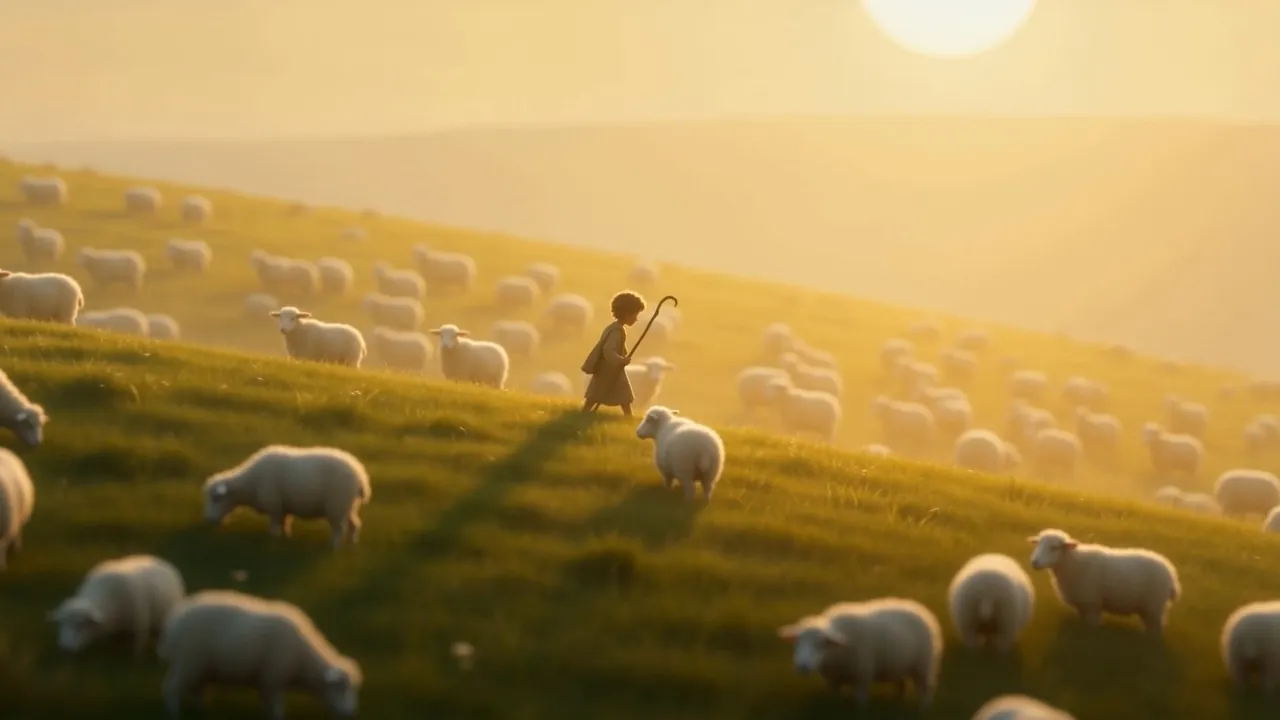 The shepherd boy, small on the green hill