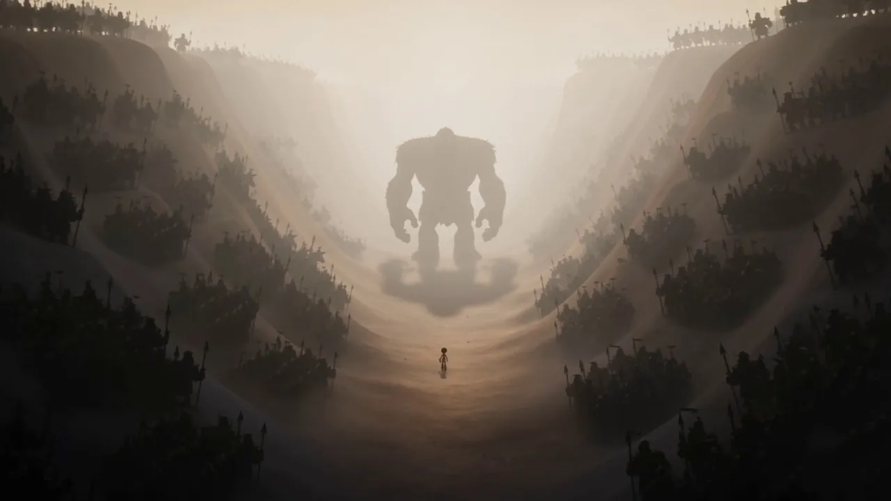 A giant's silhouette fills the misty valley